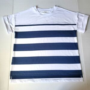 Cable & Gauge Studio Blue & White Nautical Striped Short Sleeve Top - Size M